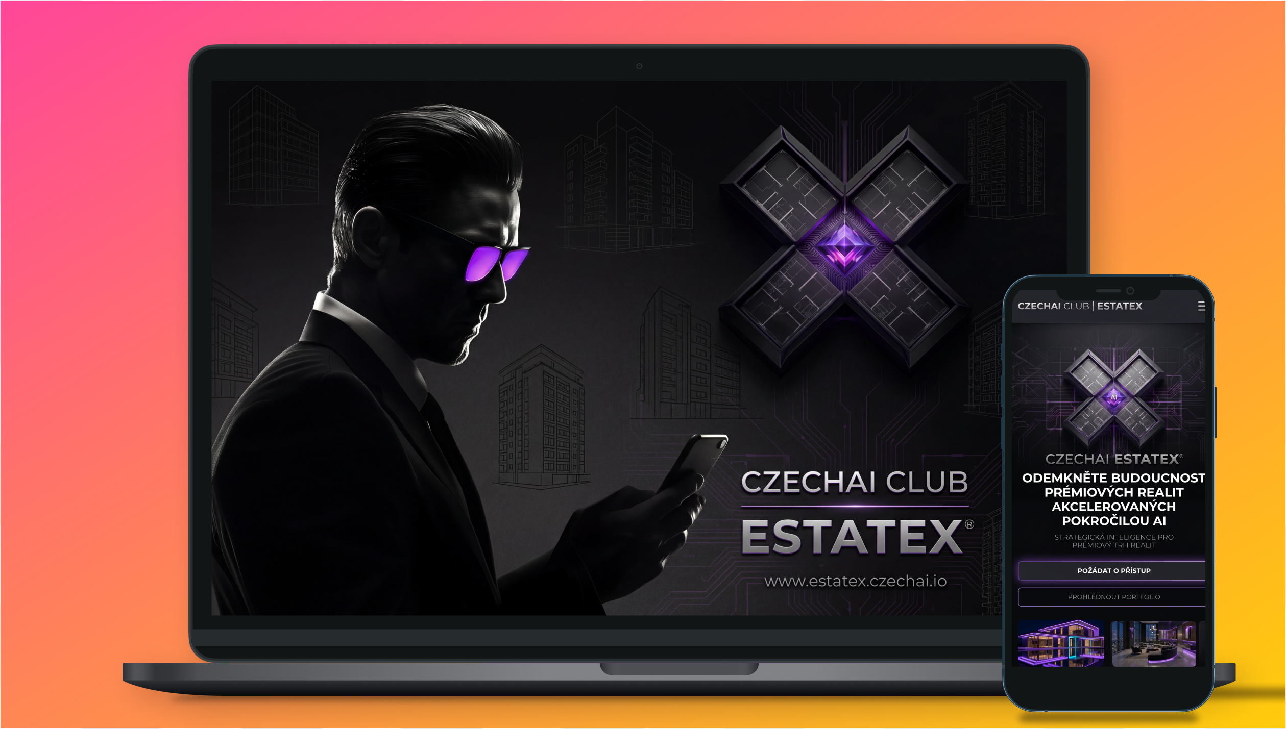 EstateX platforma — notebook a mobilní aplikace