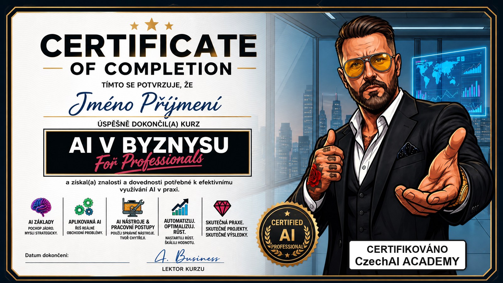 Vzor certifikátu CzechAI Academy — Certificate of Completion