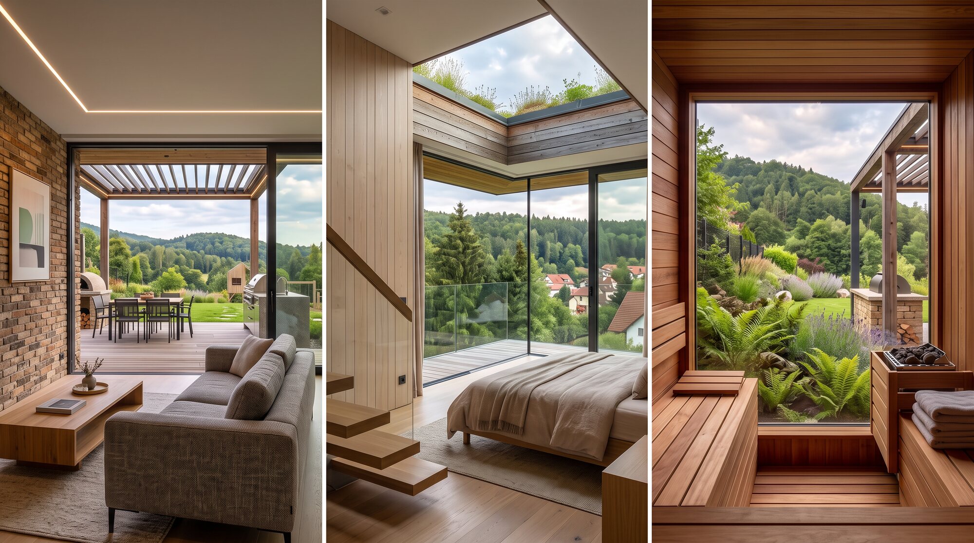 Vizualizace — obytný prostor, ložnice a sauna